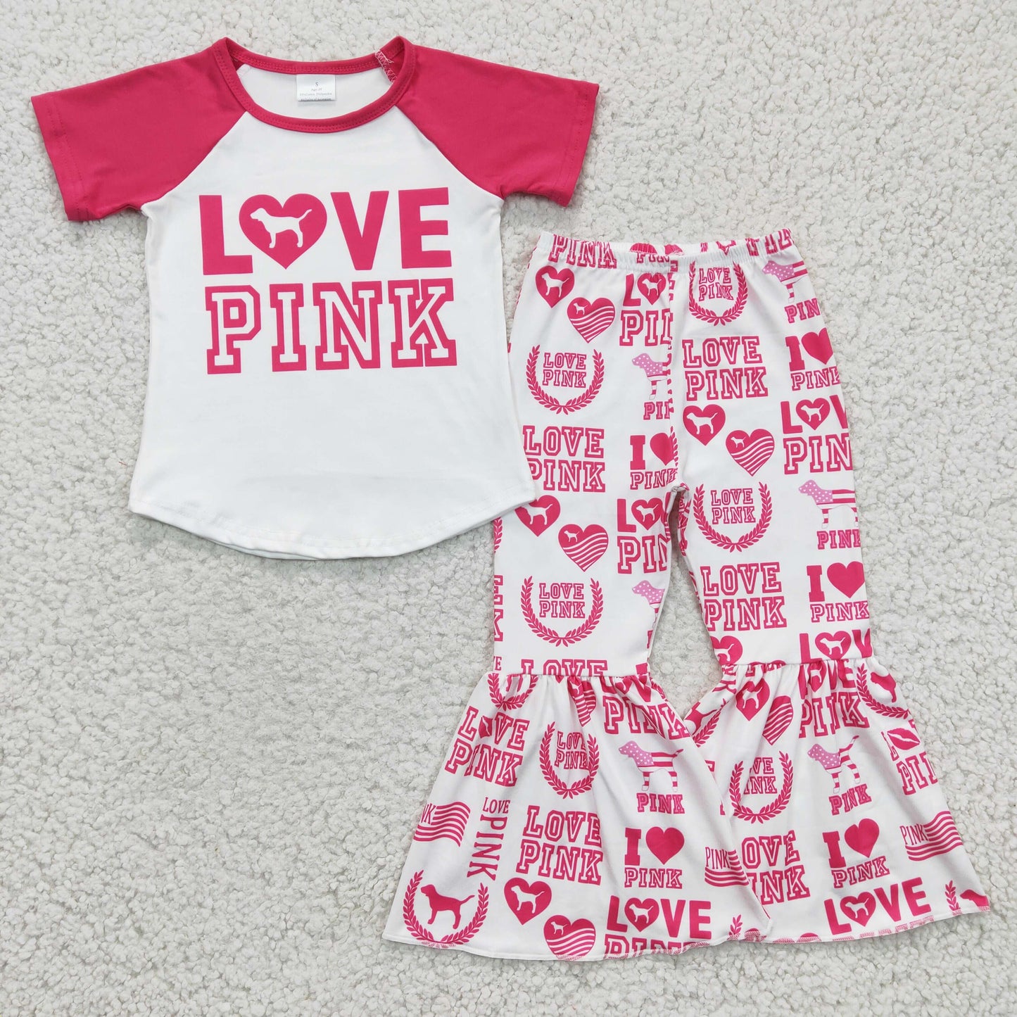 D13-27 Pink Love Dog Valentine Girls Short Sleeve Bell Bottom Pants Outfits