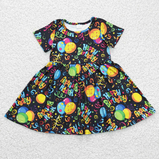 GSD0182 Happy Birthday Balloon Black Green Girls Short Sleeve Dresses