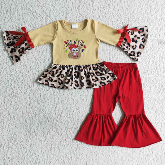 GLP0011 Christmas Deer Red Leopard Embroidery Tunic Girls Long Sleeve Bell Bottom Pants Outfits