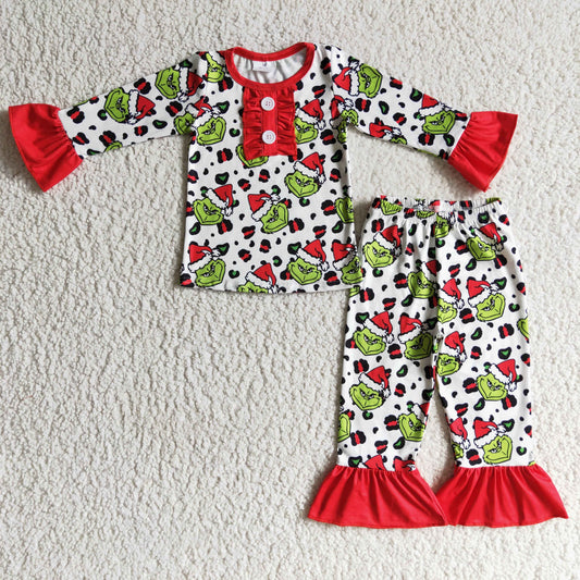 GLP0214 Christmas Green Red Cartoon Santa Leopard Girls Long Sleeve Pants Outfits Pajamas