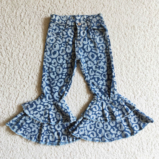 P0027 Blue Leopard Print Double Ruffles Denim Jeans