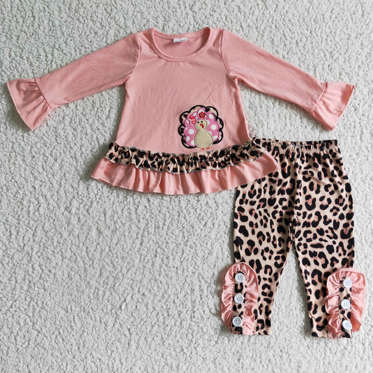 GLP0172 Thanksgiving Turkey Leopard Pink Tunic Embroidery Girls Long Sleeve Pants Outfits