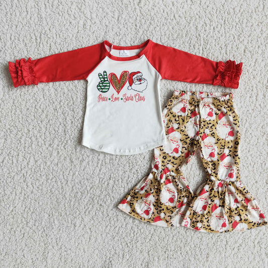 Clearance 6 A13-5 Peace Love Santa Christmas Girls Long Sleeve Bell Bottom Pants Outfits