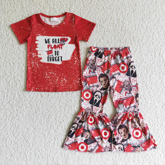 GSPO0148 Halloween Red Float Target Clown Girls Short Sleeve Bell Bottom Pants Outfits