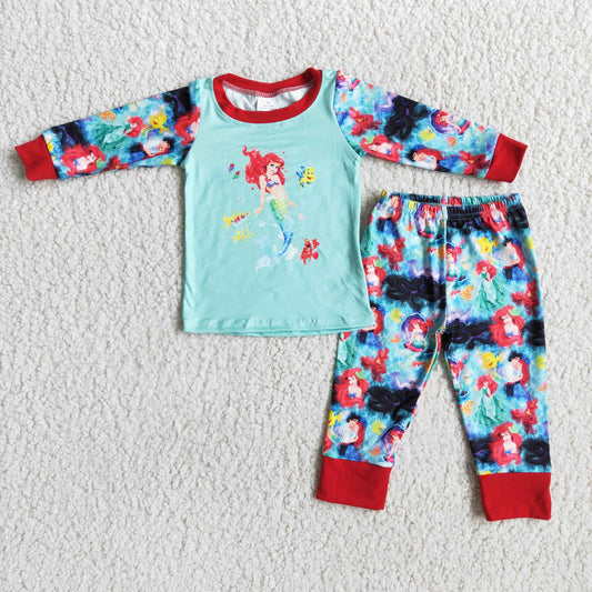 Clearance 6 A1-11 Red Blue Mermaid Princess Cartoon Girls Long Sleeve Pants Outfits Pajamas