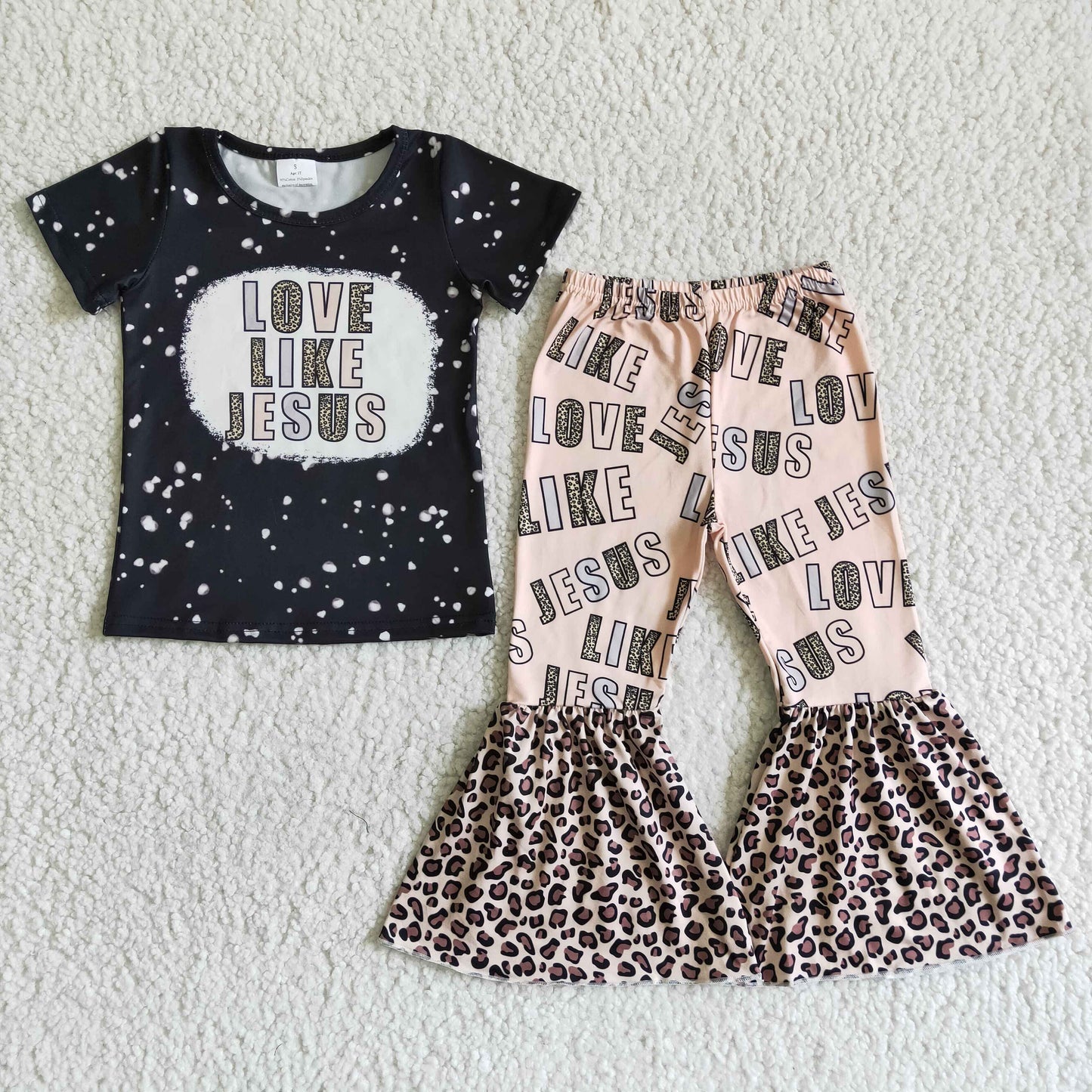 GSPO0037 Black Leopard Love Like Jesus Girls Short Sleeve Pants Outfits