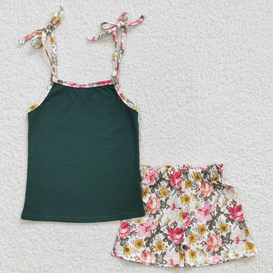 GSSO0217 Green Floral Girls Sleeveless Shorts Outfits