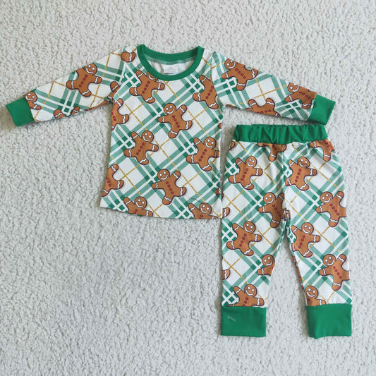 Clearance 6 A3-26 Christmas Green Gingerbread Boys Long Sleeve Pajamas Outfits