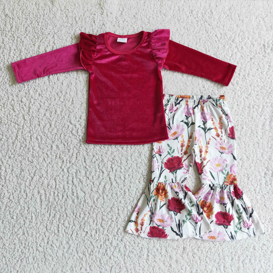 GLP0221 Red Pink Floral Velvet Girls Long Sleeve Bell Bottom Pants Outfits
