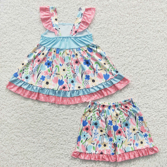 GSSO0243  Pink Blue Floral Girls Short Sleeve Shorts Outfits