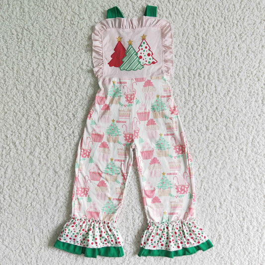 E4-26 Christmas Tree Pink Overalls Girls Sleeveless Jumpsuit