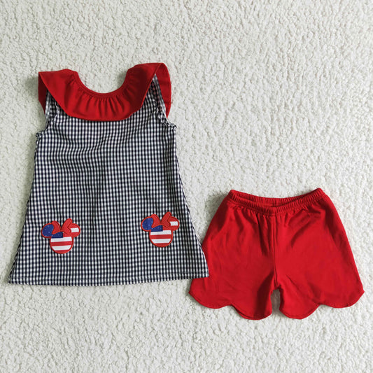 A15-5 4th Of July Red M Cartoon Plaid Embroidery Off Shoulder Girls Sleeveless Shorts Outfits