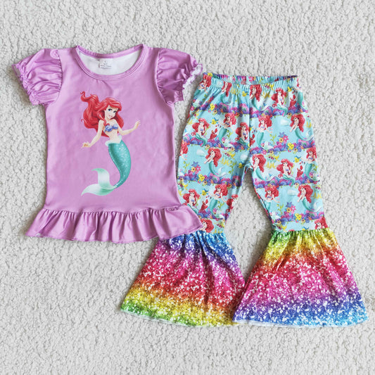 Clearance A13-23 Mermaid Purple Cartoon Girls Short Sleeve Bell Bottom Pants Outfits