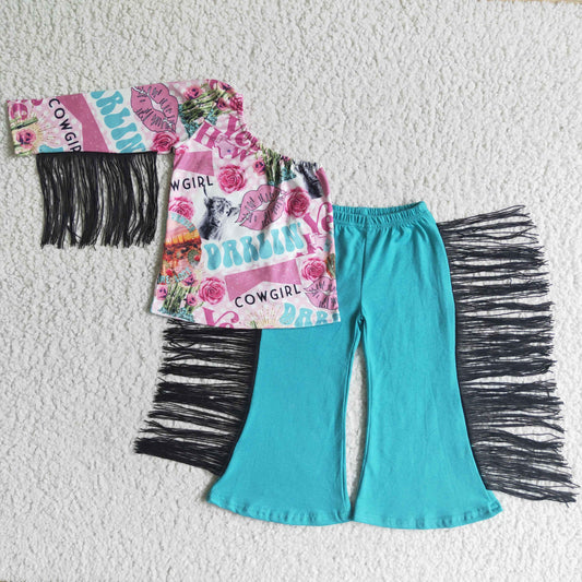 GSPO0141 Blue Pink Cowgirl Western Single Sleeve Tassel Girls Short Sleeve Bell Bottom Pants Outfits
