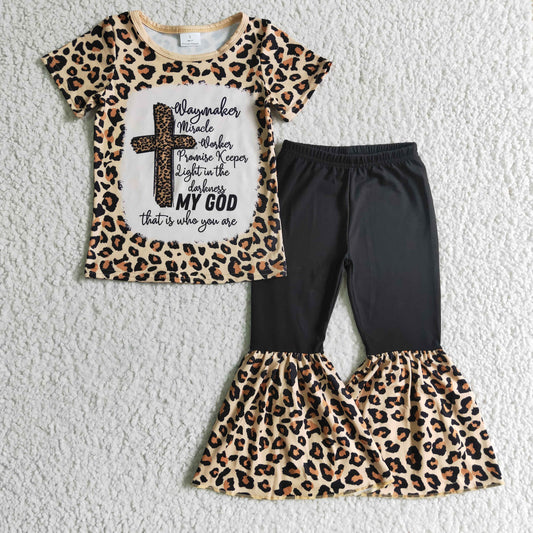 GSPO0218 Christmas Jesus Cross Black Leopard Girls Short Sleeve Bell Bottom Pants Outfits