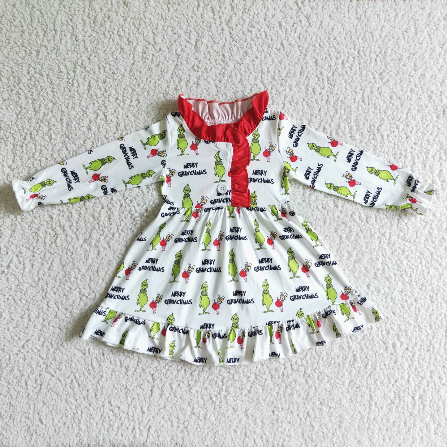 GLD0068 Christmas Red Green Cartoon Collar Girls Long Sleeve Dresses