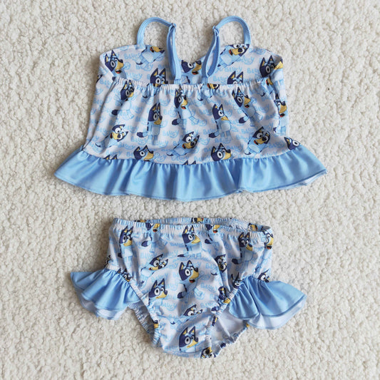 E10-19 Blue Dog Cartoon Girls Swimming Bathing Suits Swimsuits