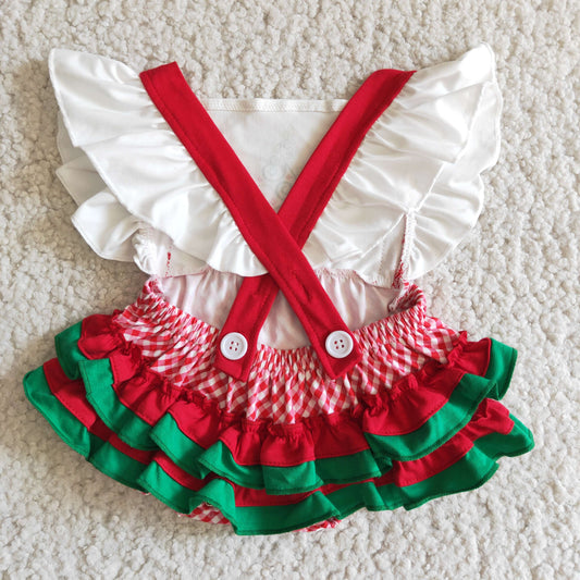 Clearance  E3-28 Christmas Tree Red Green Ruffles Girls Short Sleeve Romper