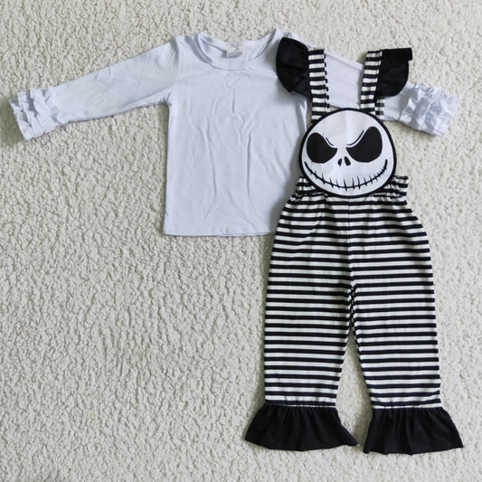 GLP0310 Halloween Ghost Clown Black Stripes Overalls + White Top Girls Long Sleeve Bell Bottom Pants Outfits