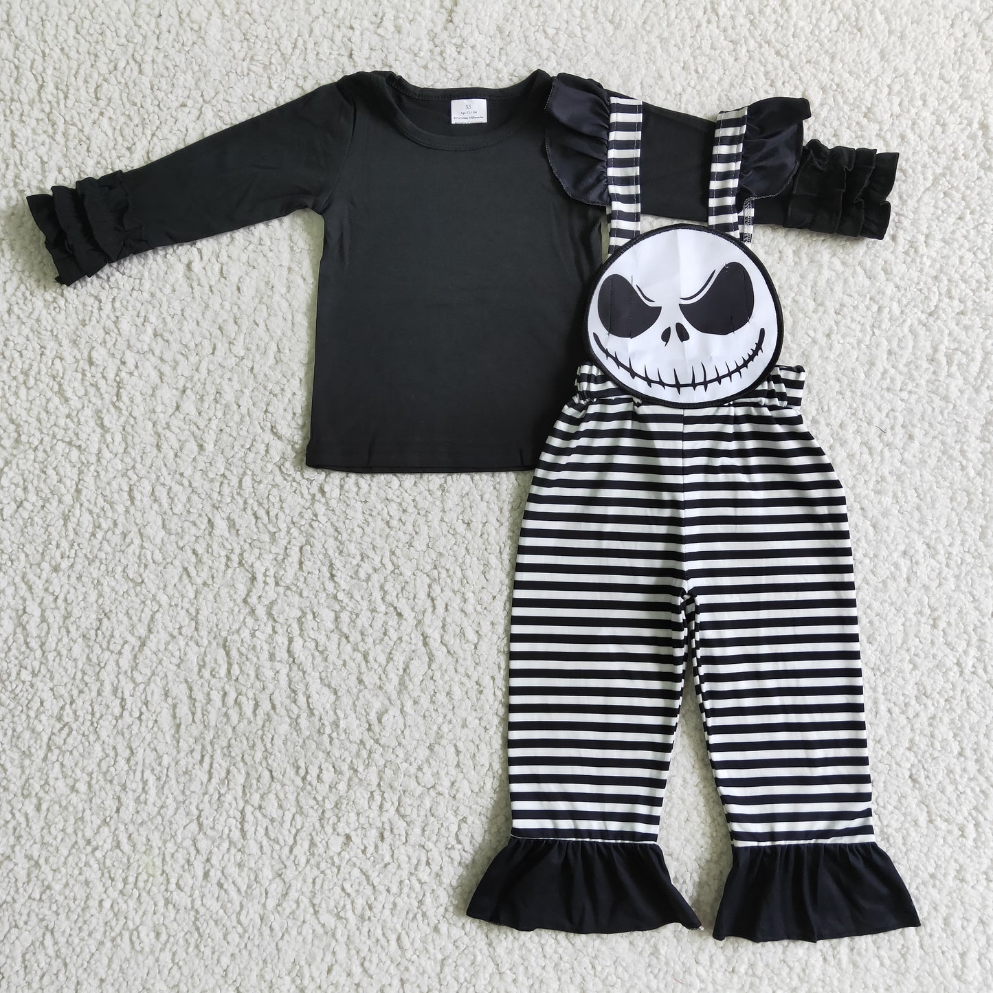 GLP0311 Halloween Ghost Clown Black Stripes Overalls + Black Top Girls Long Sleeve Bell Bottom Pants Outfits