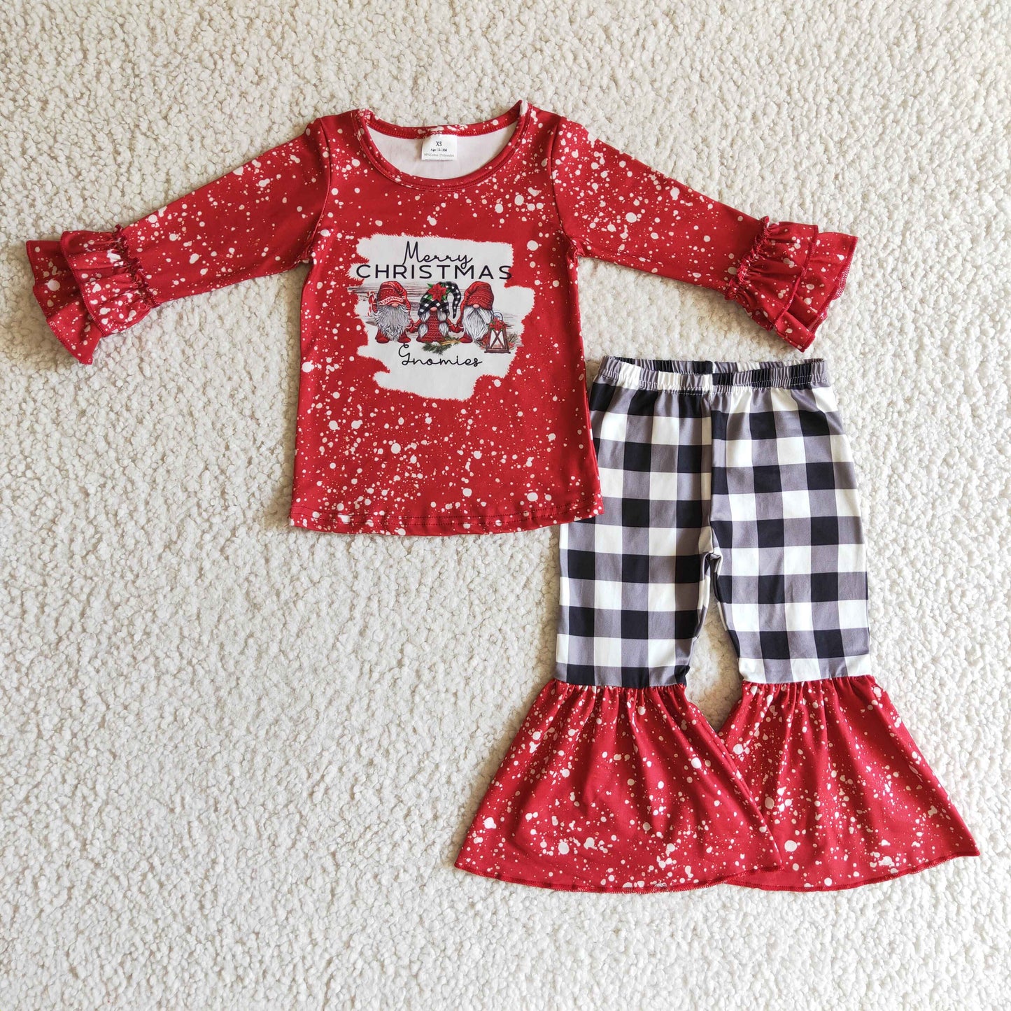 6 B5-17 Merry Christmas Santa Red Bleach Black Plaid Girls Long Sleeve Bell Bottom Outfits