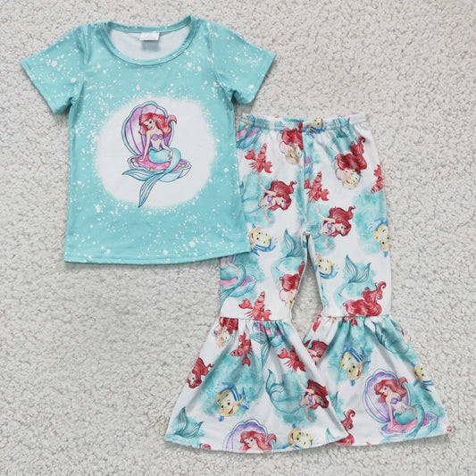 GSPO0310 Blue Red Mermaid Fish Cartoon Girls Short Sleeve Bell Bottom Pants Outfits