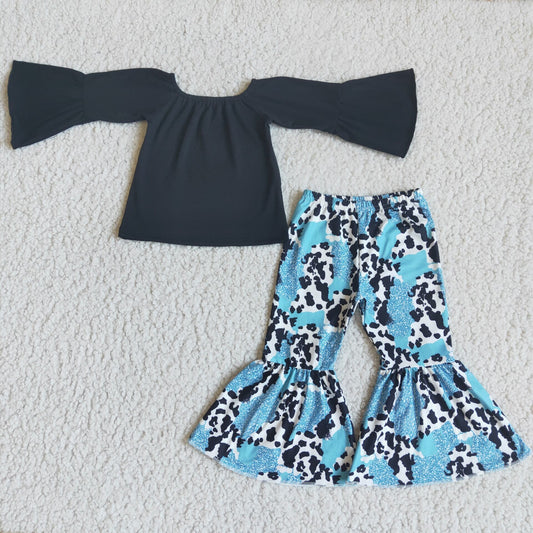Clearance 6 B1-34 Black Blue Cow Print Off shoulder  Girls Long Sleeve Bell Bottom Outfits