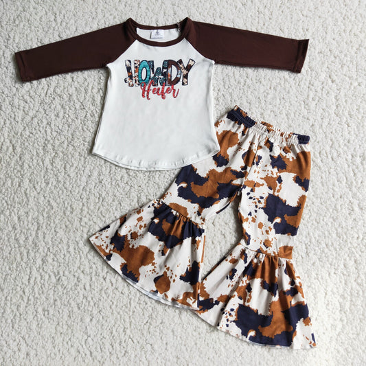 Clearance 6 C8-25 Brown Howdy Heifer Cow Print Girls Long Sleeve Bell Bottom Pants Outfits