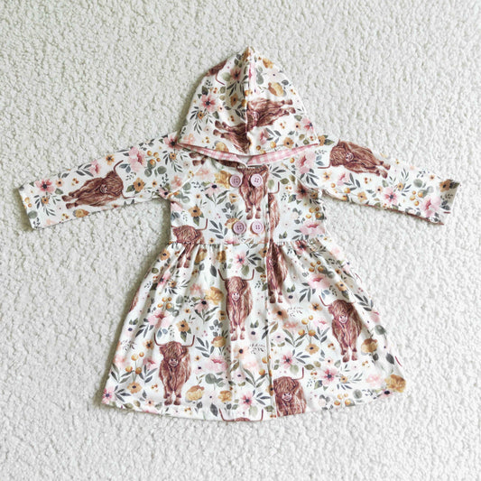 GLD0082 Pink Floral Highland Cows Hoodies Girls Long Sleeve Dresses