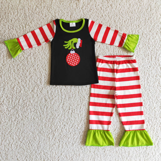 GLP0284 Christmas Red Green Cartoon Stripes Embroidery Girls Long Sleeve Pajamas