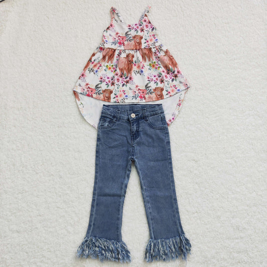 GSPO0560  2Pcs GSD0265  Highland Cow Top +  Denim Girls Short Sleeve Bell Bottom Pants Outfits