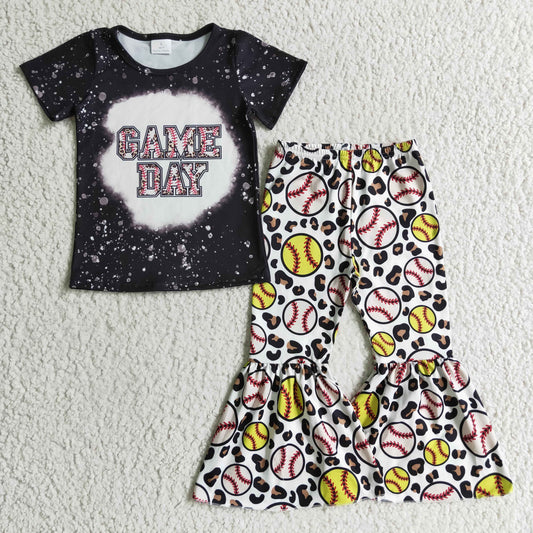 promotion RTS GSPO0214 Black Yellow Game Day Baseball Softball Leopard Girls Short Sleeve Bell Bottom Pants Outfits