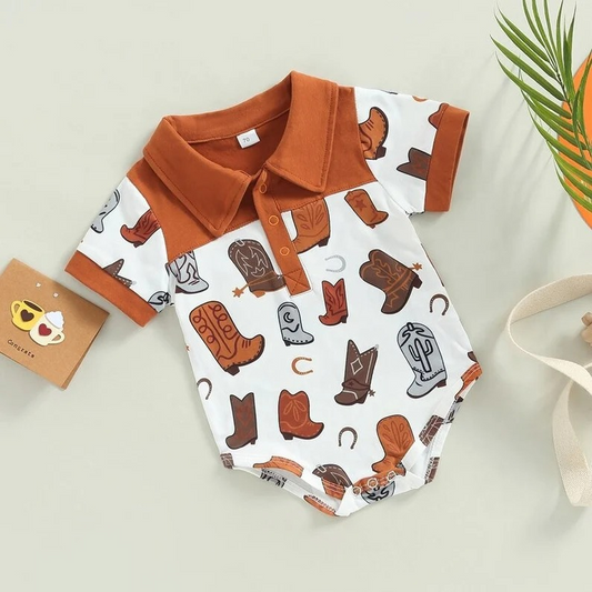 SR0221 Brown Boots Cowboy Western Collar Girls Short Sleeve Romper