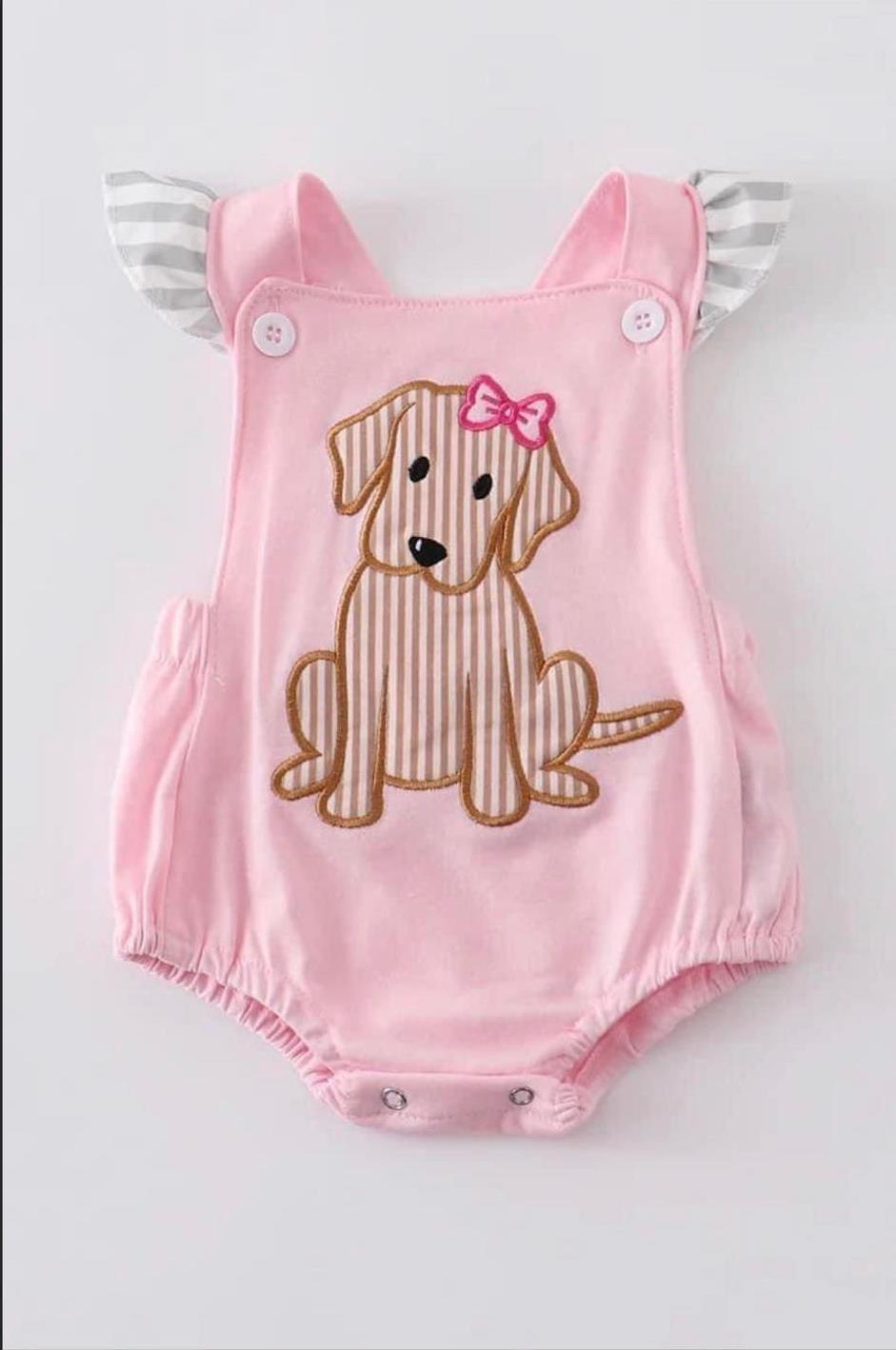 SR0303 Pink Dog Embroidery Girls Short Sleeve Romper