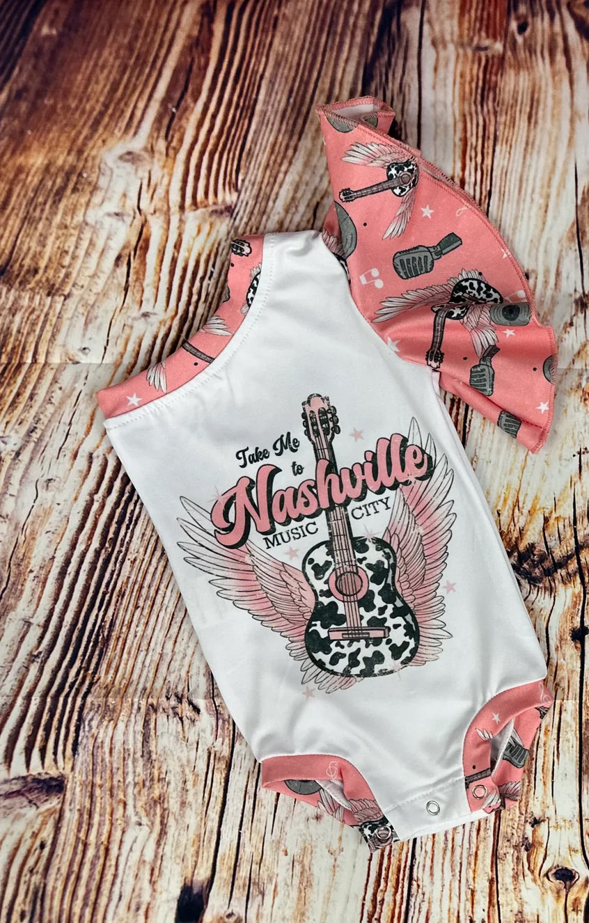 SR0317 Pink Guitar Music City Western Girls Short Sleeve Romper