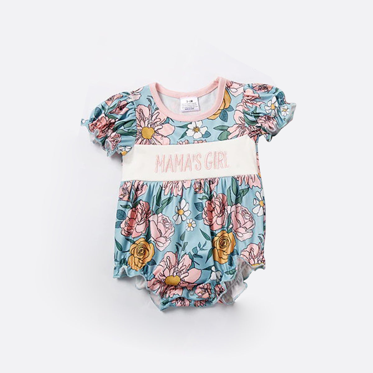 SR0344 Mama's Girl Blue Pink Floral Embroidery Girls Short Sleeve Romper