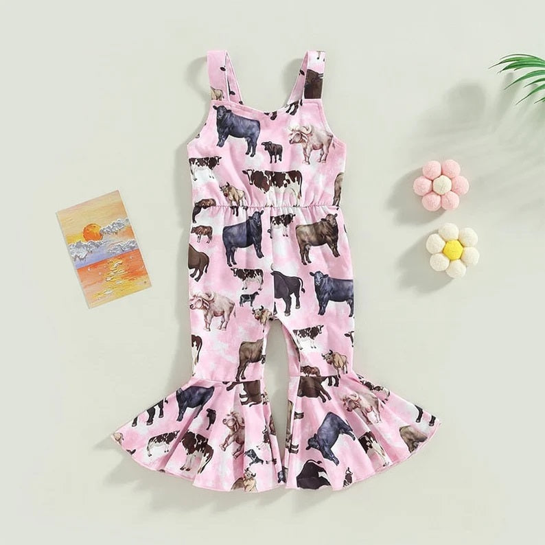 SR0372 Pink Cow Girls Sleeveless Jumpsuit Overall Pants