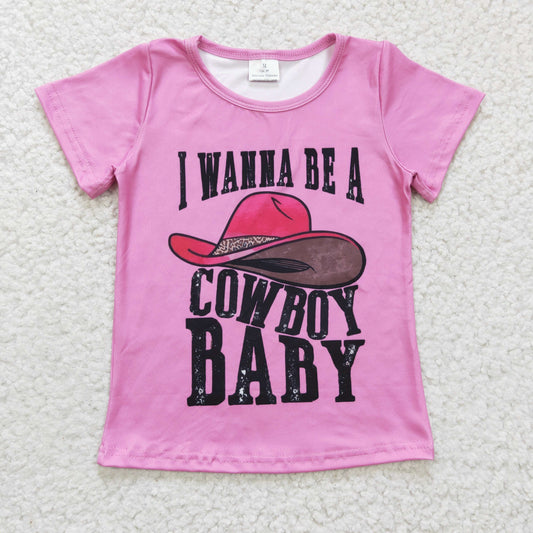 GT0107 I Wanna Be A Cowboy Baby Pink Girls Short Sleeve Top T-shirts