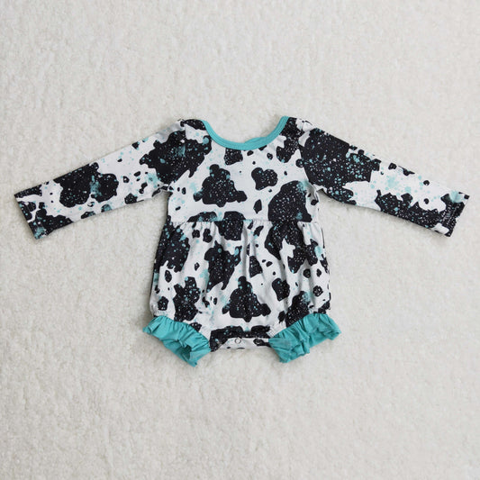 LR0197 Black White Cow Print Blue Ruffles Girls Long Sleeve Romper