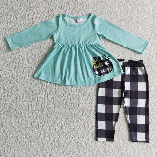 GLP0252 Halloween Pumpkin Black Plaid Blue Sunflower Tunic Girls Long Sleeve Pants Outfits