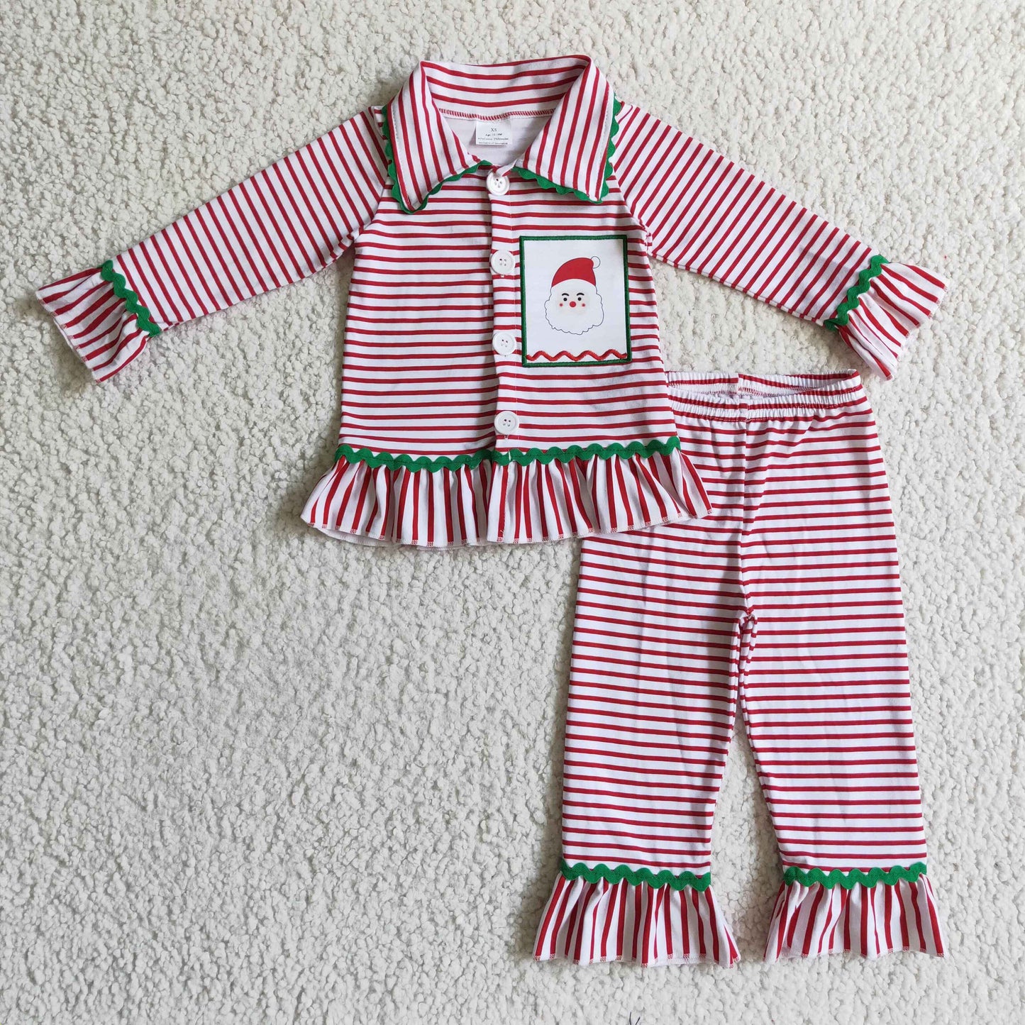 6 B9-3  Christmas Red Stripes Santa Embroidery Collar Girls Long Sleeve Pants Outfits Pajamas