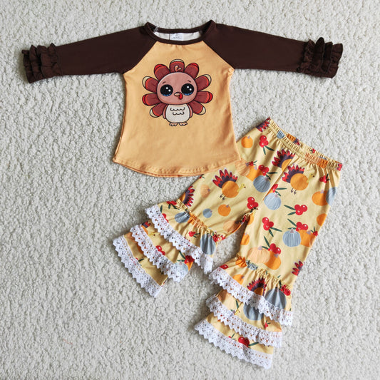 Clearance 6 C6-25 New Arrival Baby Girls Fall Turkey Lace Ruffles Pants Casual Kids Outfits