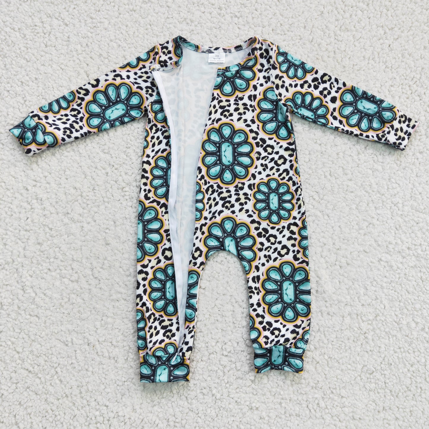 LR0254 Green Leopard Western Zipper Girls Long Sleeve Romper