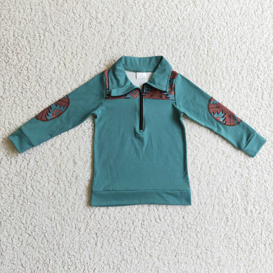 BT0093 Green  Boys Long Sleeve Top Collar Polo Pullover T-Shirts