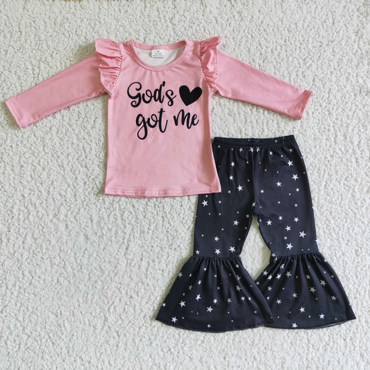 GLP0207 Pink Letter God Got Me Black Starts Ruffles Girls Long Sleeve Bell Bottom Pants Outfits