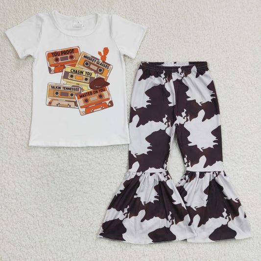 GLPO468 2Pcs GT0131 Yellow Music  Top +  Cow Print Pants Girls Long Sleeve Pants Outfits
