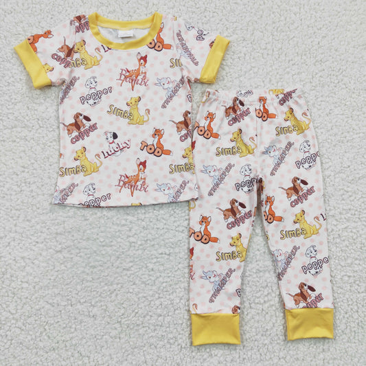 BSPO0078 Yellow Dog Lion Deer Cartoon Boys Short Sleeve Pants Outfits Pajamas