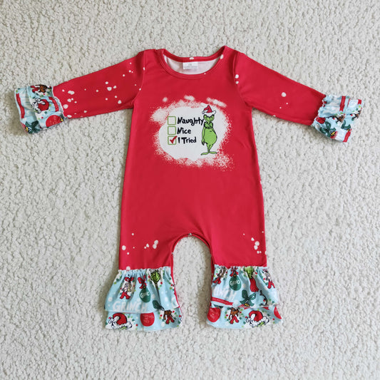LR0193 Christmas Blue Red Green Cartoon Santa Naughty Nice Tried Girls Long Sleeve Romper