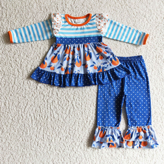 GLP0244 Orange Fruit Peach Blue Stripes Dots Girls Long Sleeve Pants Outfits