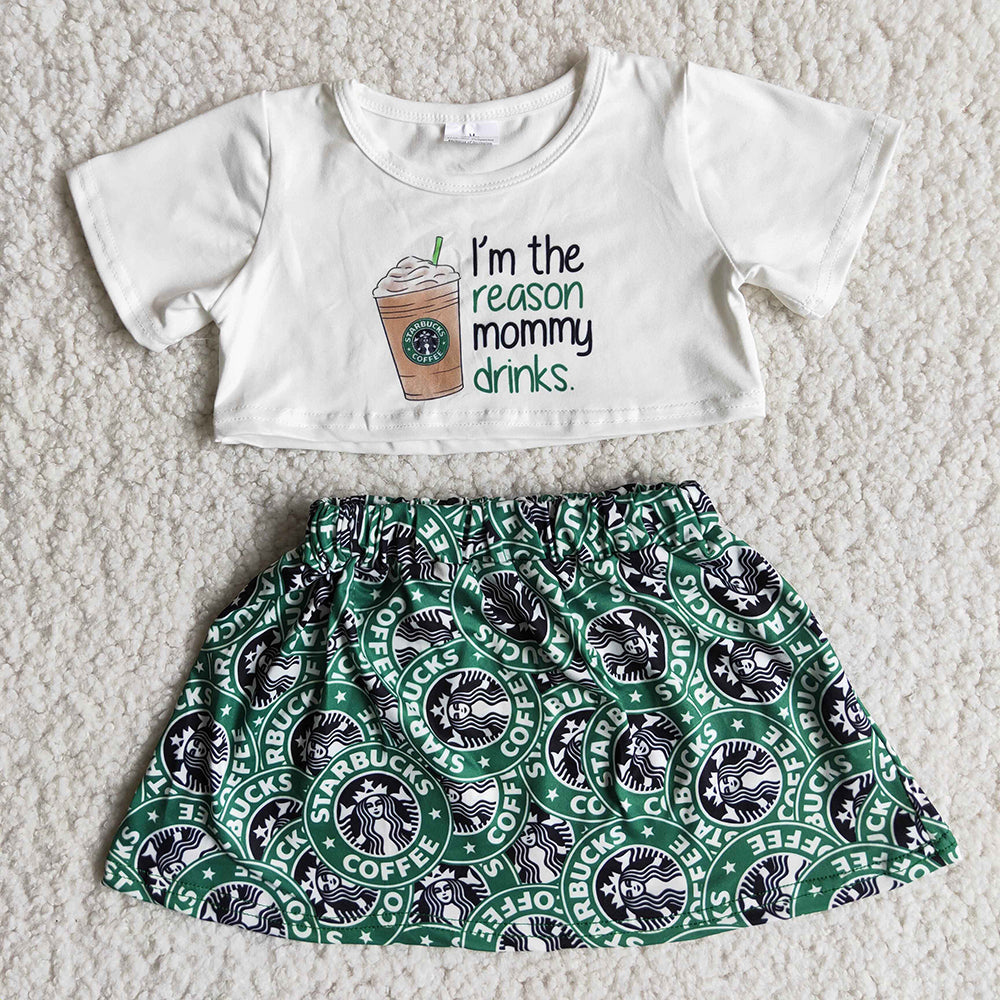 C13-18 Green Coffee I'm Reason Mommy Drinks Girls Short Sleeve With Skirt Dress Outfits